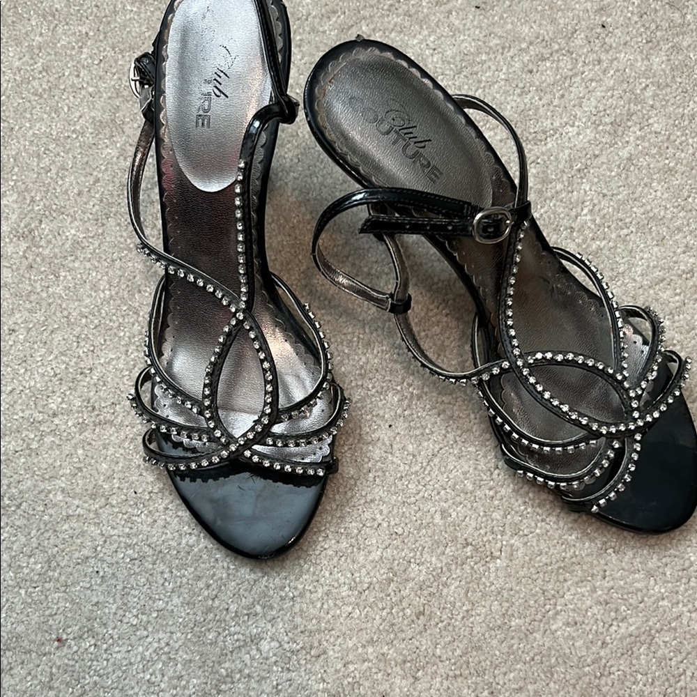 Allure Black Strappy Heels with Rhinestone Accents